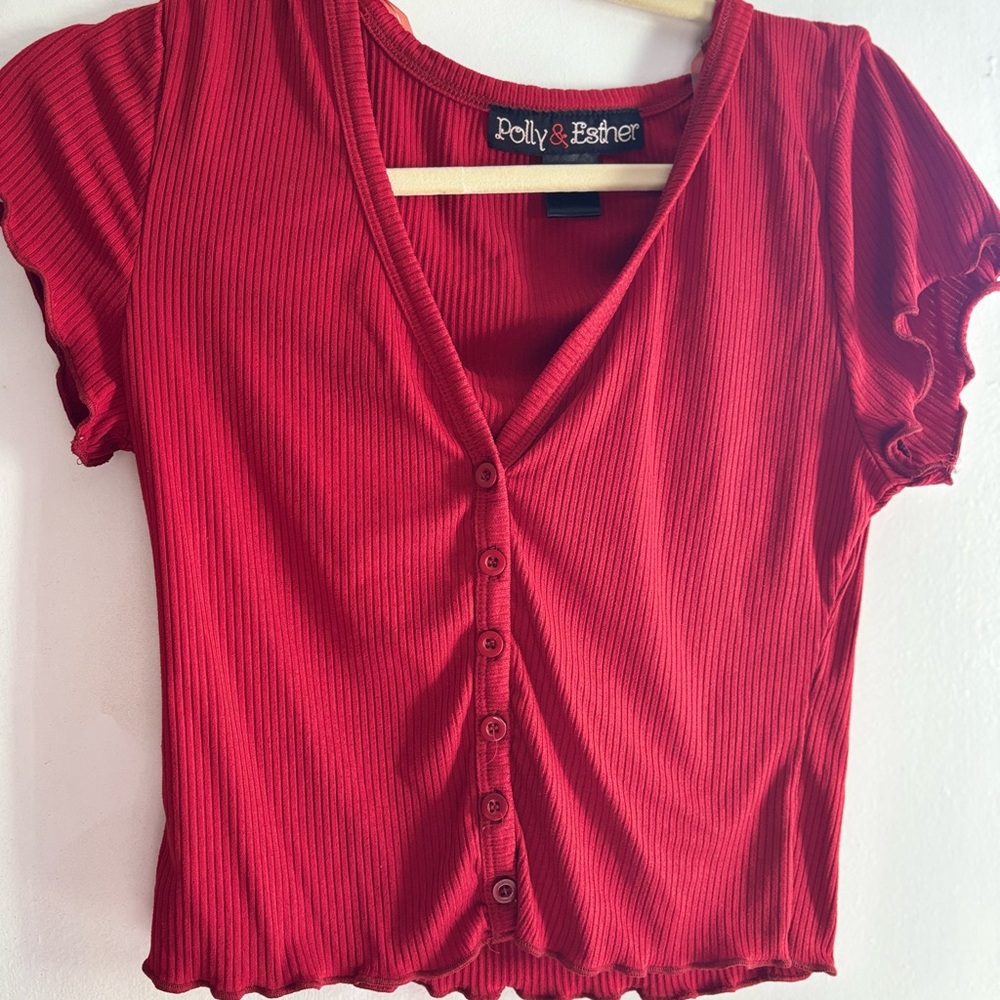 Polly & Esther Red Ribbed V-Neck Blouse